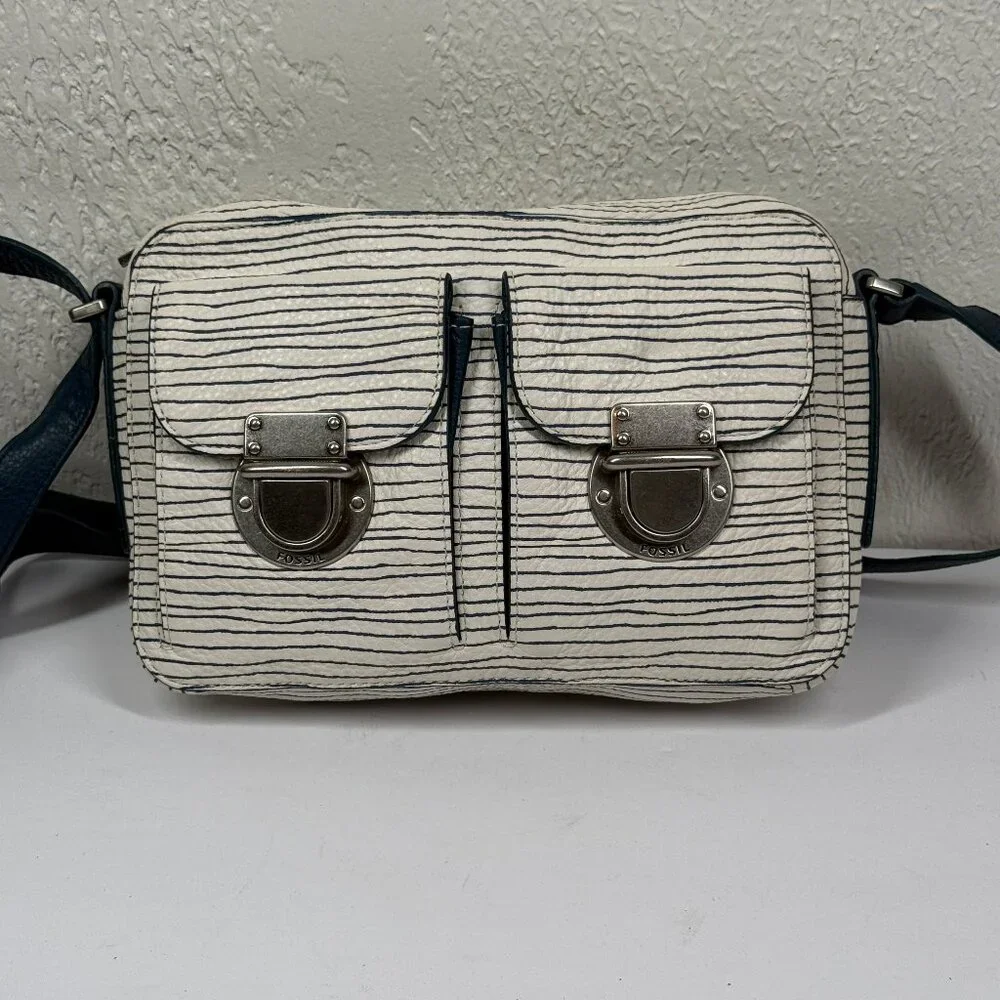 Fossil Riley Crossbody Bag Stripe Print Leather Navy White Adjustable Strap